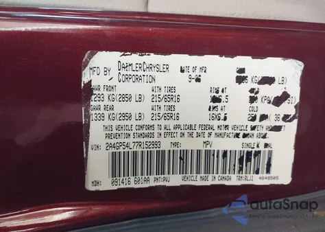 2007 Chrysler Town & Country Touring from USA, damaged, VIN 2A4GP54L77R152993